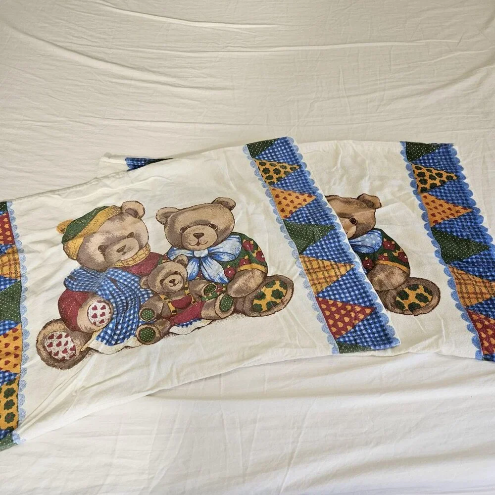 Vintage Teddy Bear Patchwork Standard Pillowcases Set 2 Cotton Country Animal